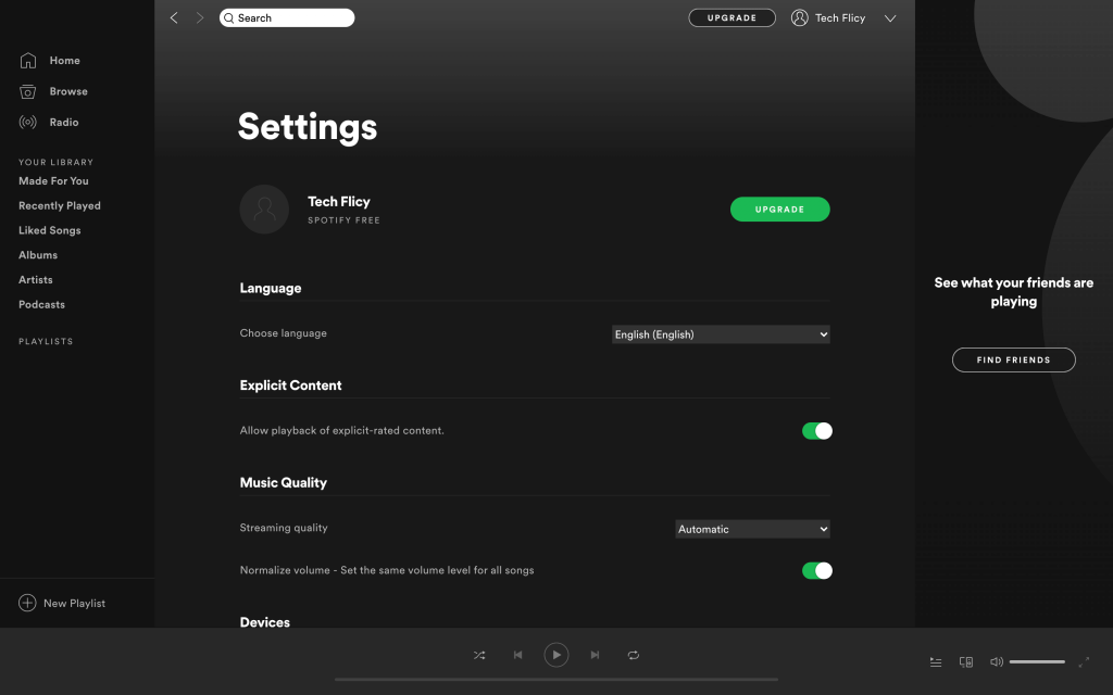 Spotify settings page