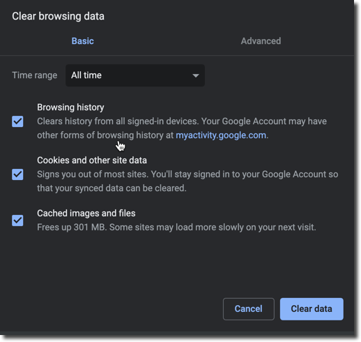 Clear Browsing data chrome